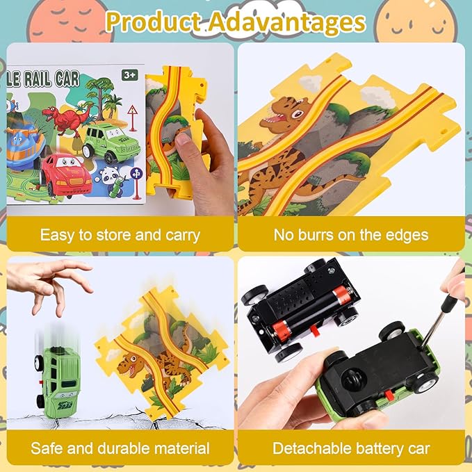 25PCS Puzzle Racer Dinosaur Themed Series, Kids Car Track Set, Educational Puzzle Toys Gifts for Boys and Girls