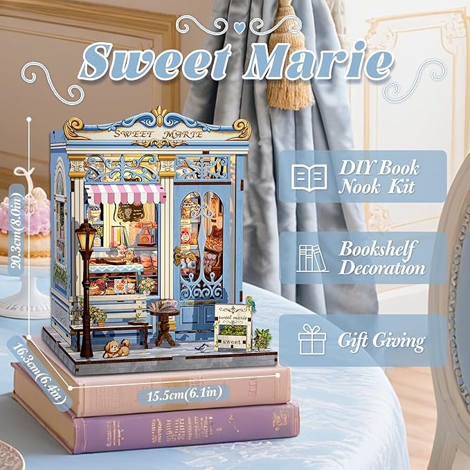 Fsolis Book Nook Kit - DIY Bookshelf Miniature Kit for Adults, 3D Puzzle Booknook Bakery Tiny House Adult Craft Gifts for Women Teenagers Book Lovers (Sweet Marie)
