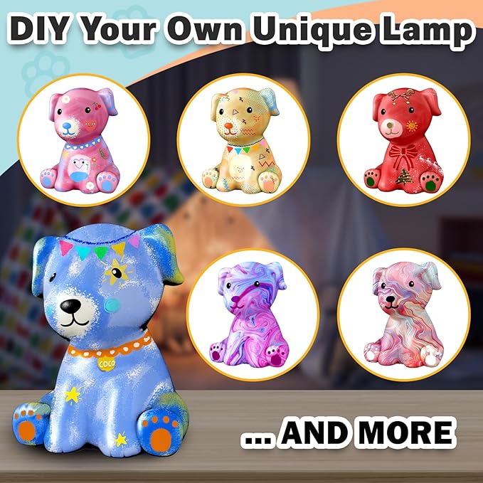 FUNZBO Paint Your Own Dog Lamp Kit - Arts and Crafts Supplies Puppy Painting Kits for Kids Teens Adults, DIY Night Light Dog Toy for Toddlers Girls Boys Ages 3 4 5 6 7 8 9 10 11 12 13+ Birthday Gifts
