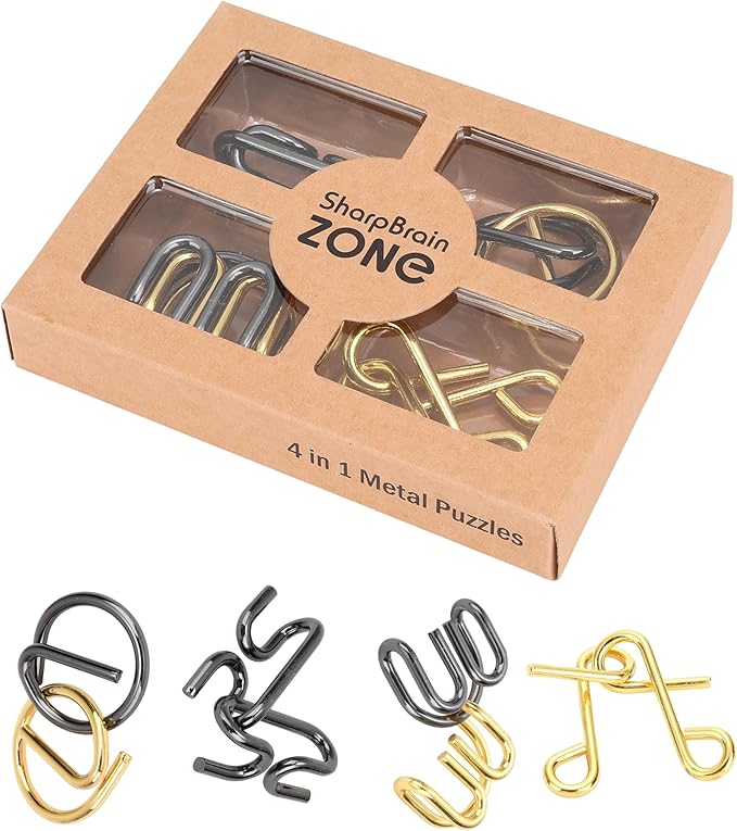 4-in-1 Gold Omega Puzzle Set Heavy Duty Wire Brain Teasers, Unique IQ Puzzle Games for Problem Solving, Stress Relief, Focus Training and Entertainment