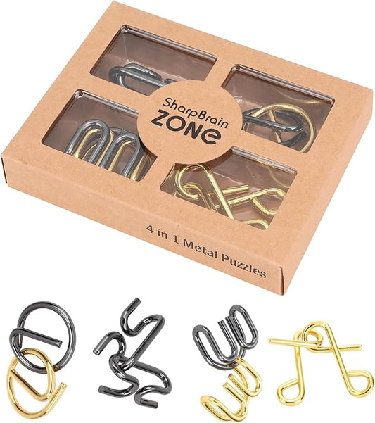 4-in-1 Gold Omega Puzzle Set Heavy Duty Wire Brain Teasers, Unique IQ Puzzle Games for Problem Solving, Stress Relief, Focus Training and Entertainment
