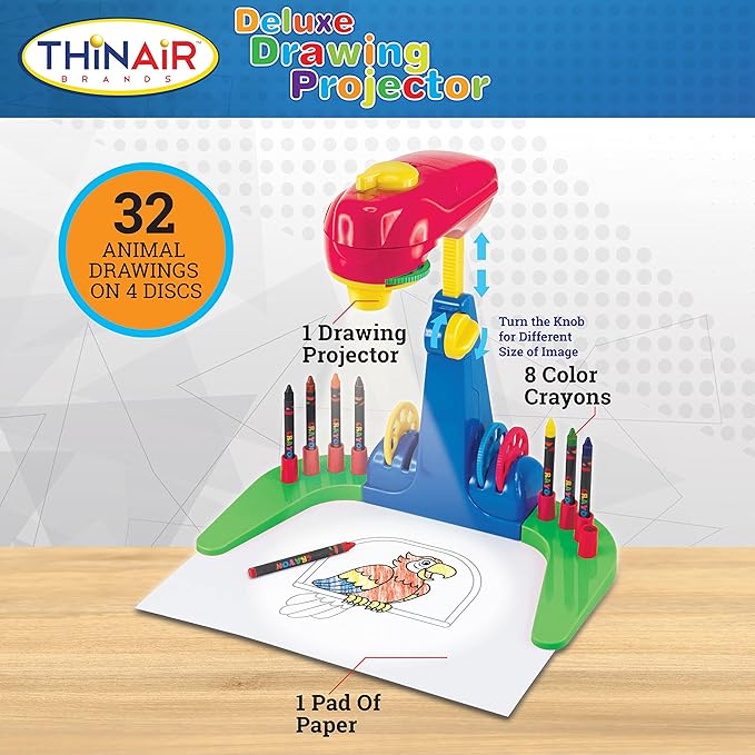 Thin Air Brands Drawing Projector for Kids 3 & Up | Preschool Tracing Projector Kit Includes 32 Animal Drawings on 4 Sturdy Discs, 8 Crayons & 1 Pad of Drawing Paper for Fun Play-Based Learning