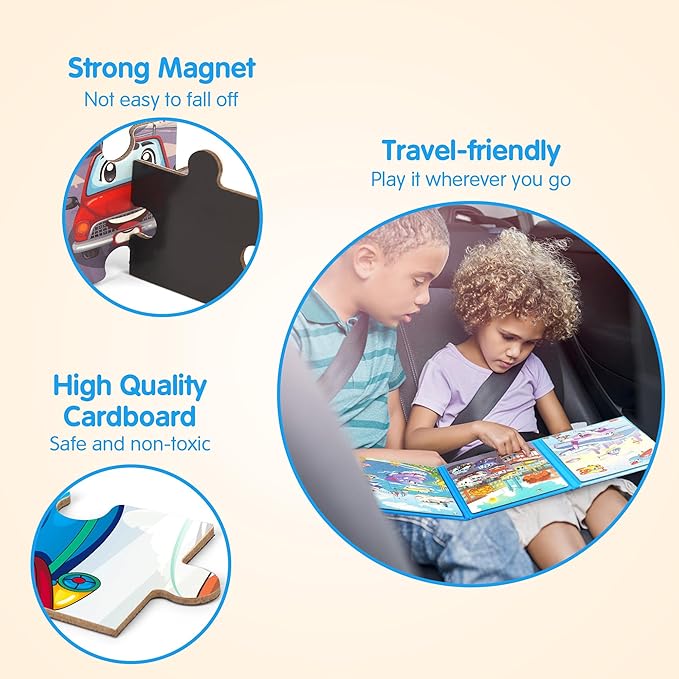 SYNARRY Air Land Water Transport Magnetic Puzzles for Toddlers 3-5, 20 Pieces Travel Puzzles for Kids Ages 4-6, Car Airplane Road Trip Activities Toys for 3 4 5 6 Year Old Boys Girls Birthday Gifts