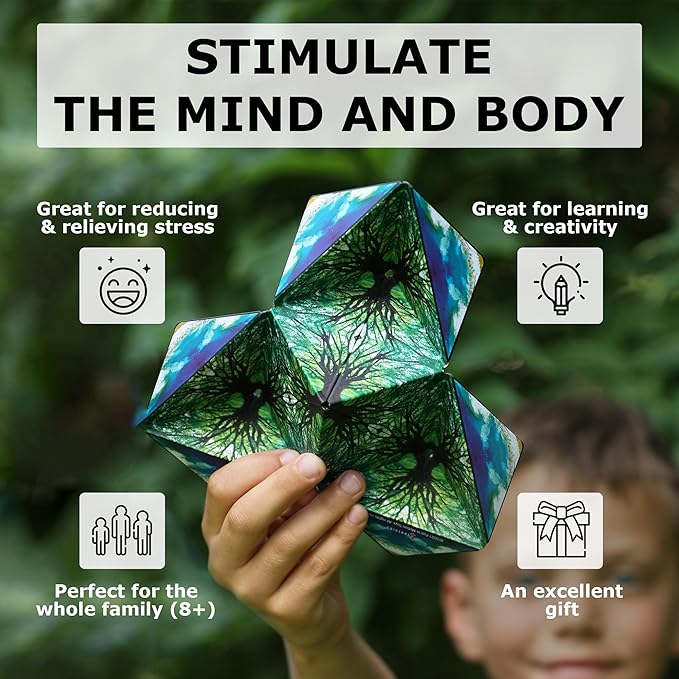 SHASHIBO Shape Shifting Box - Award-Winning, Patented Fidget Cube w/ 36 Rare Earth Magnets - Transforms Into Over 70 Shapes, Gift Box, Download Fun in Motion Toys Mobile App (Earth, 4 Pack)