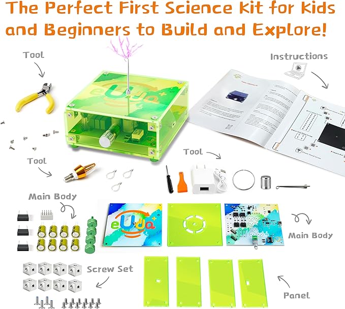 eUda+ STEM Tesla Lightning Kit – Easy DIY Electronic Science Kit – Perfect Christmas STEM Gift for Kids – Fun Hands-On Learning & Building Toy(Assembly Version) (Rectangular-Fluorescent Green Pro)