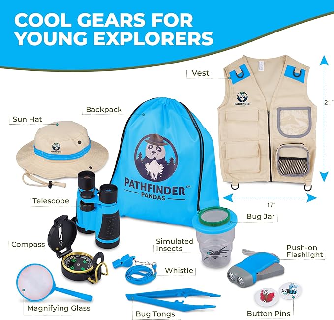 Kids Explorer Kit with Safari Vest & Hat for 7-12 Year Old Boys & Girls - Safari Costume & Dress Up as Zoo Keeper, Paleontologist - Giftable Outdoor Adventure Kit for Kids + Adventure Book