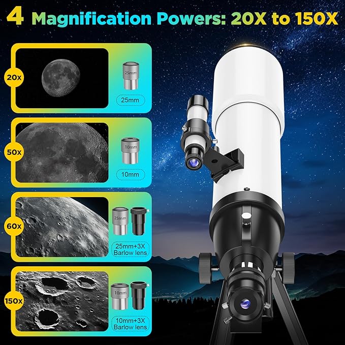 90MM Telescope for Adults and Kids 8+: 150X High Powered Astronomical Portable Refracting FMC Beginners Explorer Scope Toys for Girls Boys 8-12 Xmas Gift Travel Stars Gazing w Professional Tripod