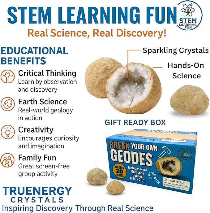 TRUENERGY Break Your Own Geodes Kit for Kids – 2 Jumbo Natural Crystal Geodes 5X Easier to Open, Magnifying Glass & Learning Guide – STEM Science Rock Kit – Gift-Ready