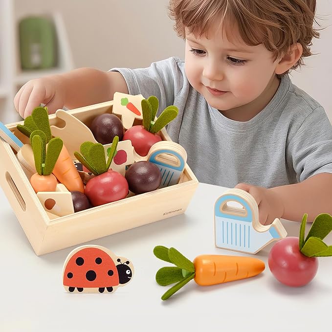 Wooden Play Food Set for Kids Kitchen Accessories, Montessori Gardening Playset for Kids Pretend Play Food, Plant & Harvest Toy Kit, Educational Toy Gift for 3 4 5 6 7 Years Old Boys Girls