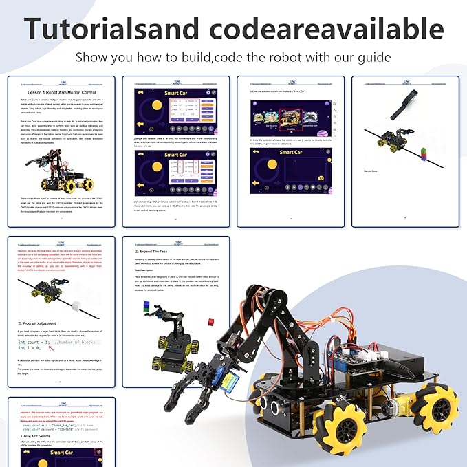 ACEBOTT 5DOF Smart Robot Arm Car Kit, 4WD Remote Control Car Compatible with Arduino/Python/Blockly Programming Project/STEM Education/Science Coding Kit for 12+ Teens and Adults Unique Gifts
