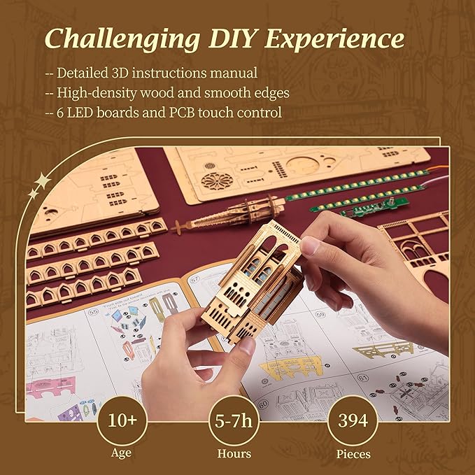 LED 3D Wood Puzzle - Notre Dame de Paris Architecture Model-Night Edition with LED Lighting- DIY Building Model Craft Kit, Architecture Building Set