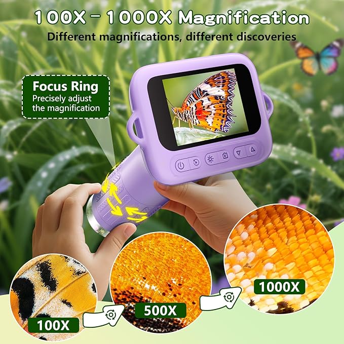 Microscope for Kids with 12 Slides, 100X-1000X 1080P Digital Handheld Kids Microscope, Mini Portable Pocket Miniscope Science Toys Gifts for 3+ 4 5 6 7 8 9 10 11 12 Year Old Boys Girls, Purple