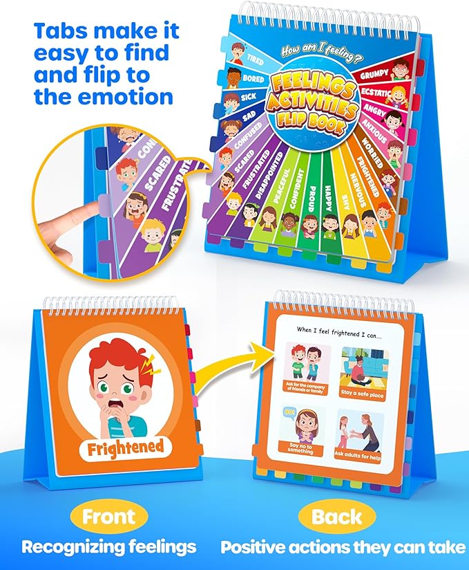 D-FantiX Feelings Flip Book for Kids, Emotions Chart Feelings Book Calm Down Corner Supplies, Autism Learning Materials ADHD Tools for Preschool Kindergarten Classroom