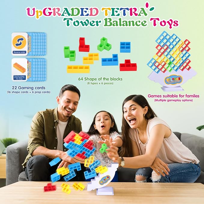 64Pcs Tetra Tower Game, Family Board for 2 Players Family Games, Christmas Stocking Stuffers for Teen Boys, Girls, Kids, Adults, Building Blocks Balance Games Toys for Family and Classroom