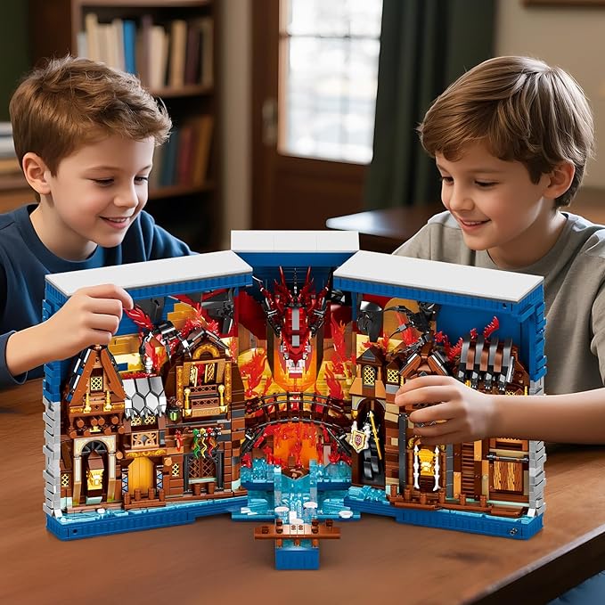 Reobrix Shire Booknook Building Set with Light, H.obbit-Themed DIY Bookend Building Block Kit for Adults, Medieval Dragon Book Nook 3398PCS, Bookshelf Home Decor for Kids Boys Girls Age 14+