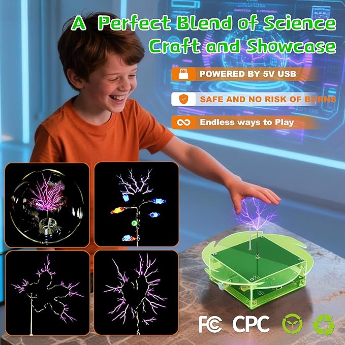 STEM Science Building Kit for Kids–Electronic Tesla Lightning Kit–Easy DIY Science Gadgets & Crafts–Unique Educational Gift Toys for Fun and Learning(Soldering Version) (Fire Wheel-Fluorescent Green)