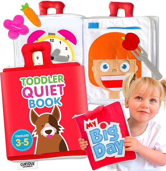Curious Columbus Quiet Book for Toddlers – Large Fabric Montessori Activity Book with 10 Pages for Learning and Quiet Play, Airplane and Road Trip Travel Toy