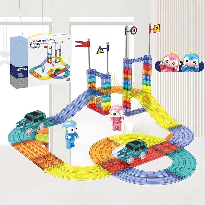 Magnetic Tiles Race Car Track Set STEM Engineering Slot Cars on Flexible Car Tracks 63PCS Educational Magnet Building Blocks Magnetic Car Toys for Kids