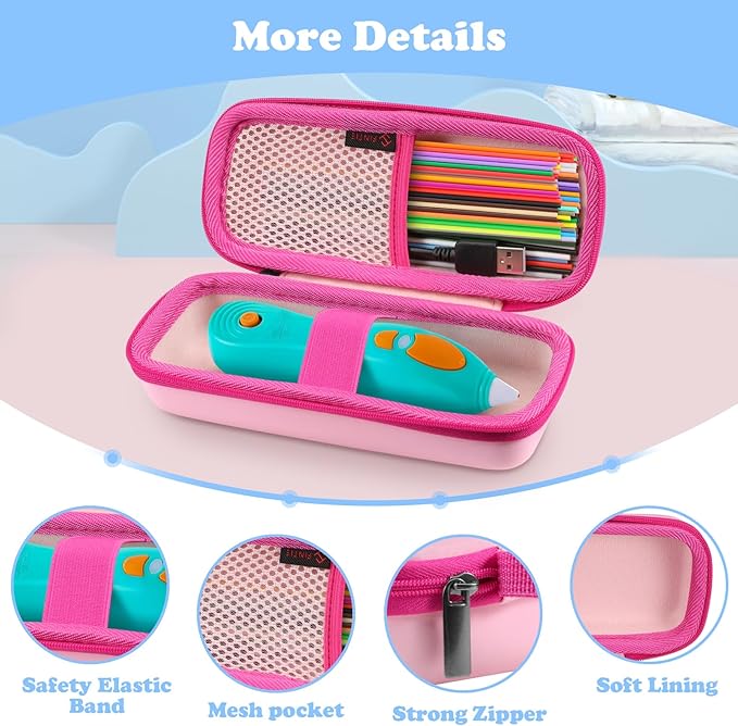 FINTIE Case Compatible with 3Doodler Start+ Essentials (2024/2023) 3D Printing Pen for Kids, Hard Storage Organizer Box with Hand Strap for Printing Filament Refill, USB Charger (Box Only), Pink
