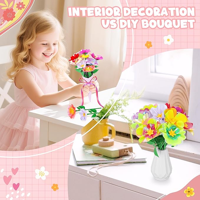 DIY Fabric Flower Bouquet Toy Accessories with 2 White Vases - Flower Market Toy Fitting Set - Arts & Crafts Toy