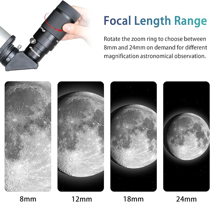 Astromania Zoom Eyepiece for Telescope, 8-24mm Wide Field Zoom Eyepiece Variable Power Design with T Thread for Astrophotography, Compatible with Telescope That Accept Telescope Eyepiece 1.25 Inch