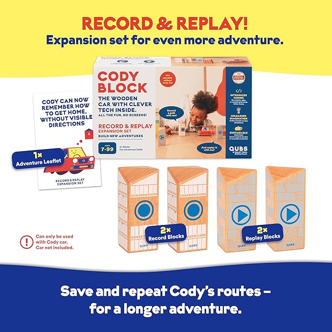Cody Block Record & Play Expansion Set, Educational Wooden Building Blocks and Car STEM Toys for Preschool Kids Ages 7+
