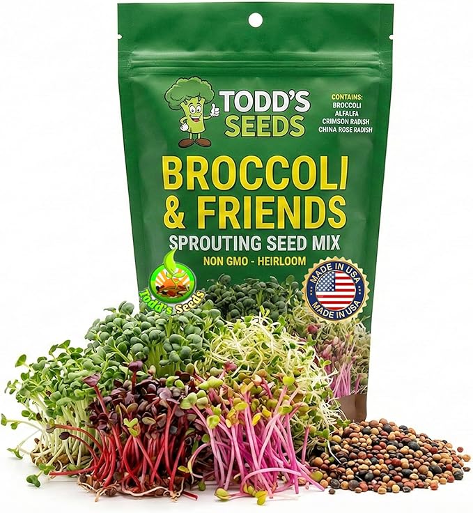 Todd's Seeds Broccoli and Friends Sprouting Seed Mix: Broccoli, Crimson Clover, Red Radish, Alfalfa, Non-GMO, Chemical Free, High Germination (1/4 Pound)