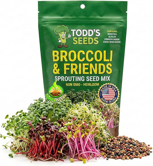 Todd's Seeds Broccoli and Friends Sprouting Seed Mix: Broccoli, Crimson Clover, Red Radish, Alfalfa, Non-GMO, Chemical Free, High Germination (1/2 Pound)
