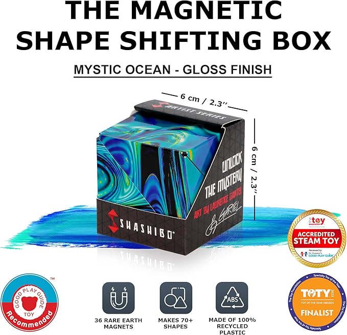 SHASHIBO Shape Shifting Box - Award-Winning Fidget Toy w/ 36 Rare Earth Magnets - Fidget Cube Transforms Into Over 70 Shapes, Sensory Toy Gift for Kids, Teens, and Adults (Mystic Ocean)