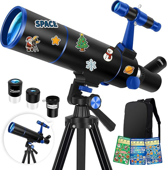 Hawkko Telescope for Adults & Beginners, 80mm Aperture 500mm Telescopes for Adults Astronomy, (20X-150X) Portable Refractor Telescope Kit with Decorate Stickers, Backpack, Phone Adapter - BlackBlue