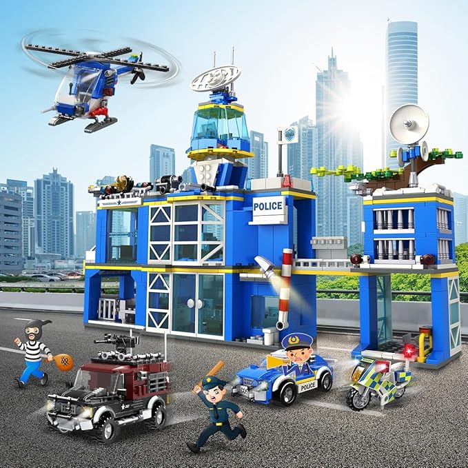 HOGOKIDS City Police Station Building Set - 1260 PCS Police Building Block Toys with Helicopter Motorcycle Police Vehicle Bandit Car, STEM Police Construction Toy for Kids Boys Girls Ages 8-12+ Years
