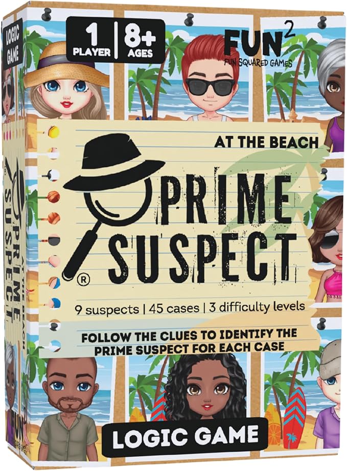 Prime Suspect: at The Beach – Logic Deduction Puzzle Game with 45 Case Cards | Single or Cooperative Play | Ages 8+ | Compact Travel Brain Teaser for Kids, Teens & Adults