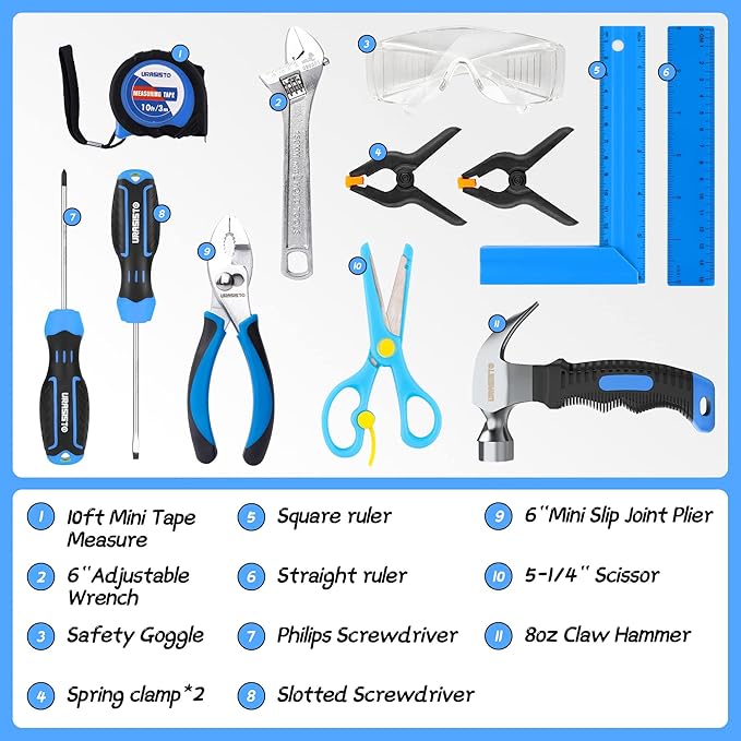 12-Piece Kids Tool Set with Tool Storage Bag, Junior Real Hand Tool Kit for Boys & Girls, Children Learning Tools for DIY Building and Woodworking, Age 8+