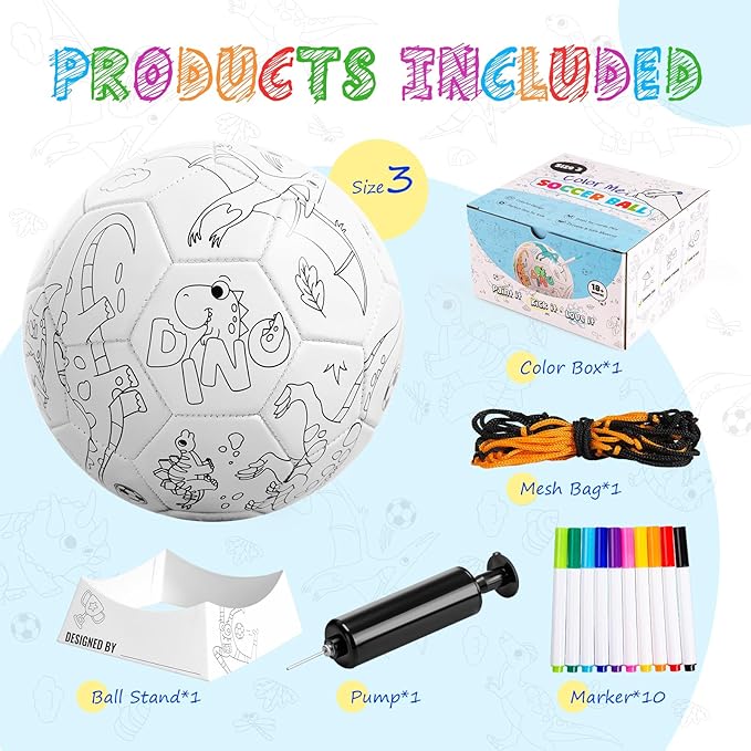 ZOOJOY Color Your Own Soccer Ball with Markers, Soccer Gifts for Girls Boys, Size 3 Dinosaur Paint Personalized Arts and Crafts Kit for Kids, Ball Game Birthday Gift Toys for Toddlers 3-10