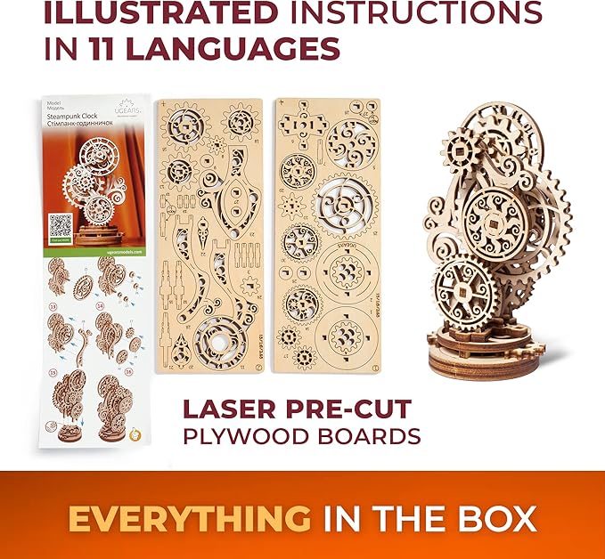 UGEARS Steampunk Clock 3D Wooden Puzzles for Adults - Wooden Model Kits for Adults Mechanical Build a Clock Kit Steampunk Decor Clocks Puzzle Brain Teaser, Hobby Set Home Decoration