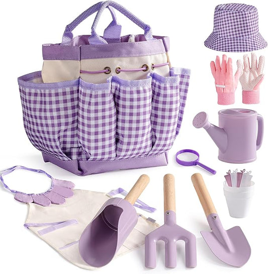 ROBOTIME Kids Gardening Set, 17PCS Toddler Gardening Tools, Toddler Gardening Set with Apron, Hat, Gloves, Watering Can & Tool Bag – Outdoor Play Garden Kit for Kids for Hands-On Learning (Purple )