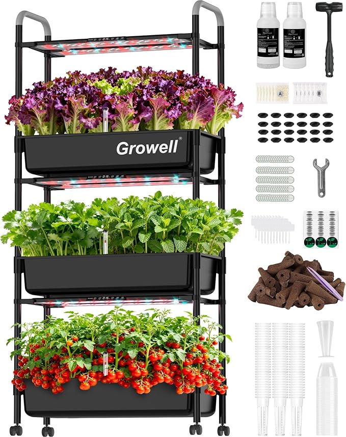 Large Hydroponics Growing System Kit, Vertical Indoor Herb Garden Kit with LED Grow Light & Independent Water Pump, 42L Movable Indoor Planter Perfect Gardening Gifts (3 Tier-81 Pods Black)
