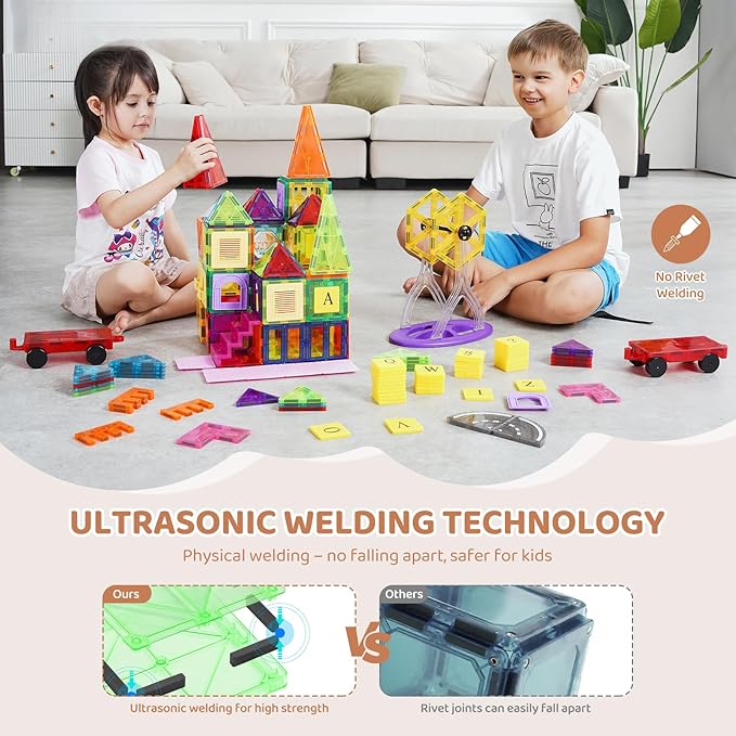 VEVOR Magnetic Tiles, 181 PCS Magnetic Blocks for Kids, Magnet Building Set with Car Bases/Ferris Wheel/Letter & Digital Cards, STEM Construction Stacking Toys for Toddlers Boys Girls Aged 3 Years