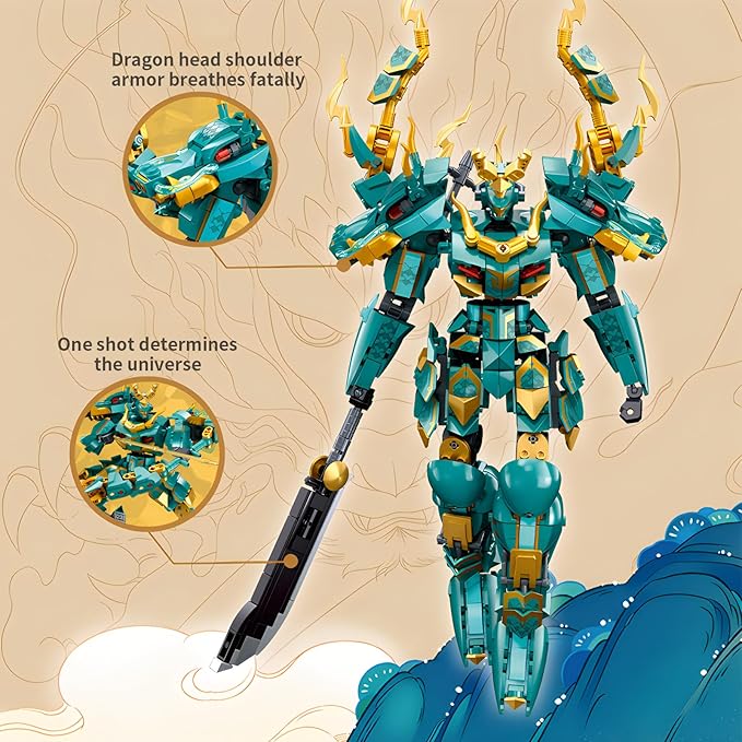 Green Dargon Samurai mech Robot with Long Spear Model Building Blocks Toy Set Mythical Birthday for Age 8+ Children Adults Teens 704 Pieces