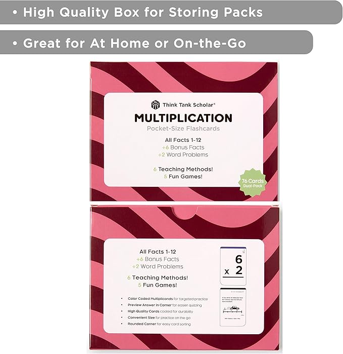 Think Tank Scholar Multiplication Flash Cards (150 Facts) Times Tables Flashcards - All Facts 1-12 for Kids in 3rd, 4th, 5th, 6th Grade - 6 Math Games & Teaching Methods for Classroom/Homeschool