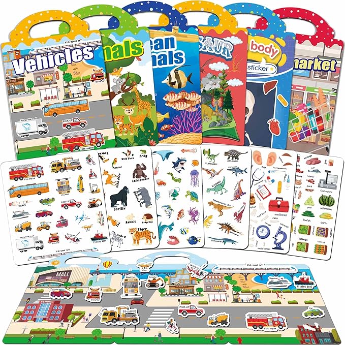 6 Sets Reusable Sticker Books for Toddlers, Jelly Sticker Books for Toddlers, Toddler Travel Toys for Kids 3 4 5 Year Old Girls Boys