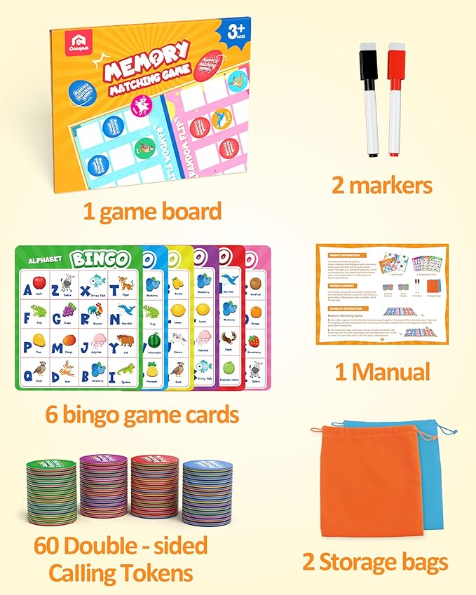 Coogam Alphabet Bingo Game, ABC Learning Letter Recognition and Phonetic Words with Pictures - Early Educational Activity Gift Toys for Kids Age 3-7