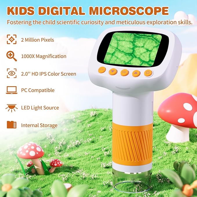 Pocket Kids Microscope for Over 3 Years Old, 1000X Handheld Microscope for Kids w/2''IPS Digital, Photo Video Mini Portable Microscopes, Science Edu Digiscope,Christmas Birthday Gifts for Kids