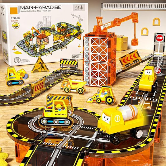 60pcs Double-Sided Magnetic Tiles with Sliding Tracks Construction Toys & Extendable Crane, Toddler Building City Road Set with Car for Kids 3 4 5 6 7 8, STEM Educational for Boys Girls