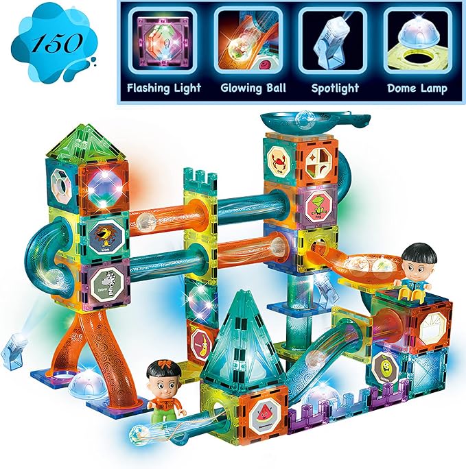 Glowing Magnetic Tiles Marble Run Race Track Super Set - 150 Complete Pieces Glow in The Dark STEM Magnetic Building Blocks Gravity Marble Maze Games for Toddlers Kids Boys Girls Ages 3+ Years