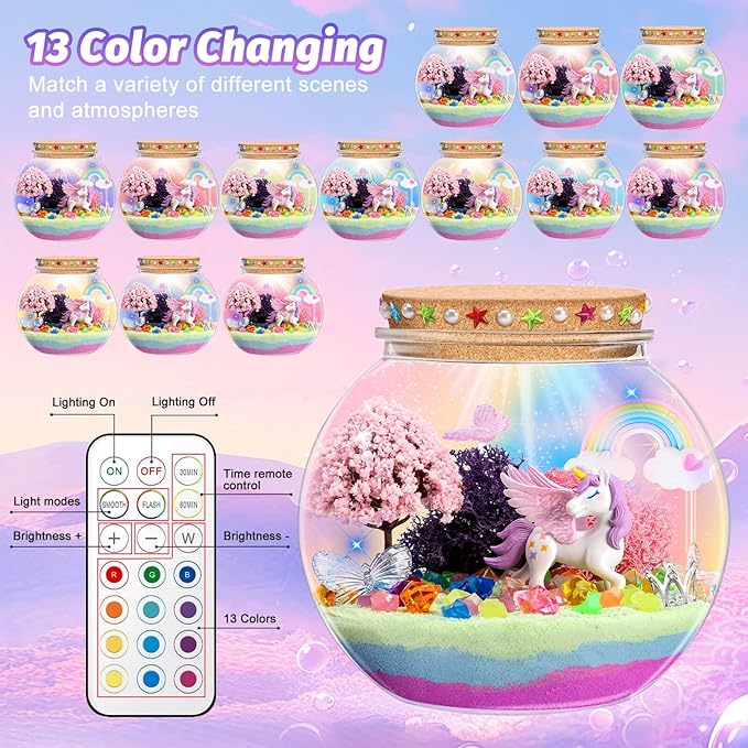 Unicorn Light-Up Terrarium Kit for Kids - Multicolor LED Night Light Birthday Gifts - Unicorn Toys for Girls Ages 4-6 7 8 9 10 Year Old - Kids Arts and Crafts Kit