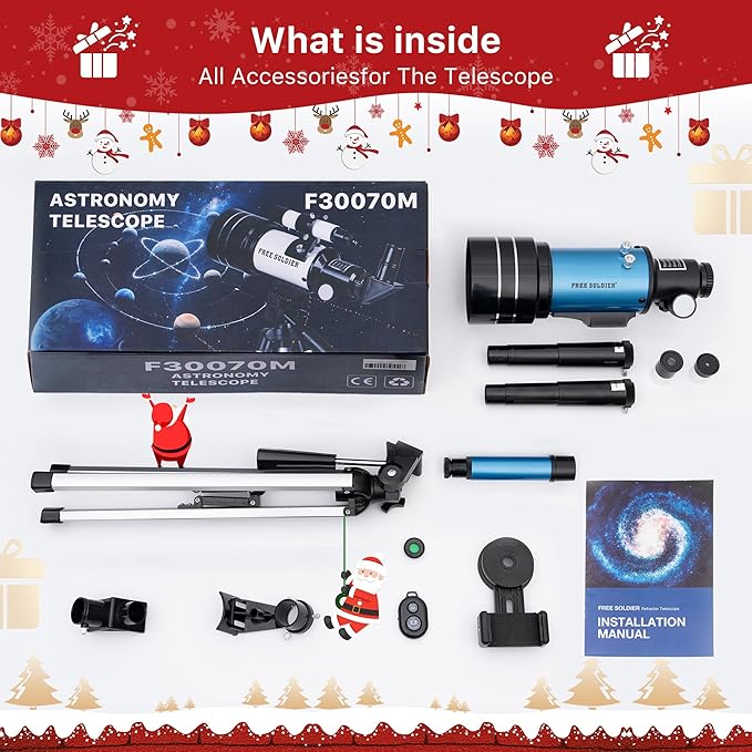 FREE SOLDIER Telescope for Kids 70mm Aperture Astronomical Refractor Telescopes for Beginners (15X-150X) 300mm Telescope for Adults High Powered with A Phone Adapter & A Wireless Remote (Blue)