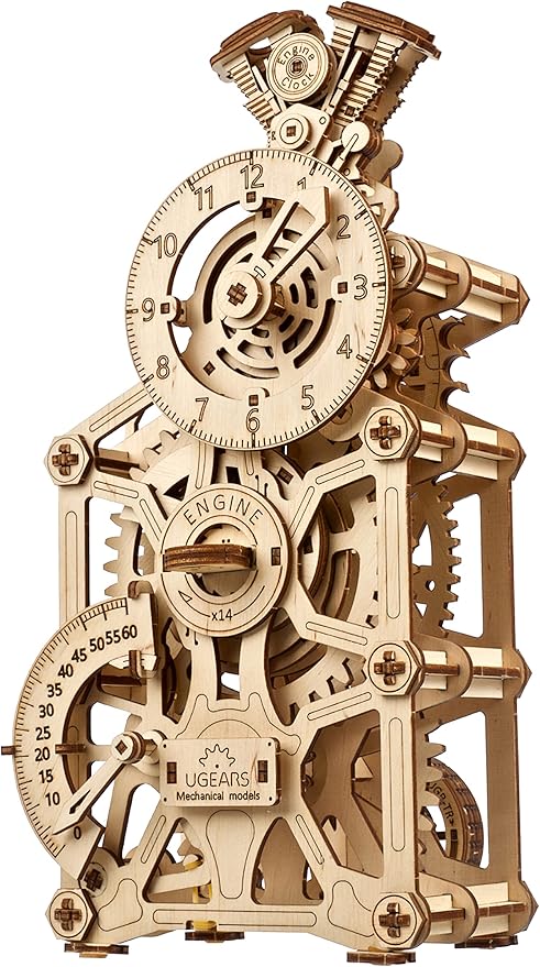 UGEARS Engine Clock 3D Wooden Puzzles for Adults – Wooden Model Kits for Adults, Mechanical Clock Kit with Moving Pistons, Steam Engine Kits, Clocks Kits for Do It Yourself, Brain Teaser 3D Puzzle