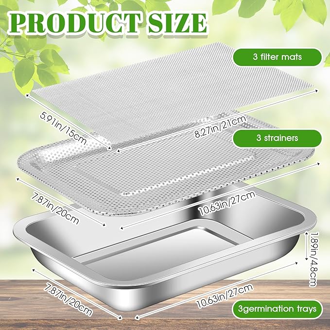 9 Pcs Seed Sprouting Kit Seed Sprouter Growing Tray Microgreens Growing Kit Stainless Steel Plant Germination Tray with Filter Pad Mesh Mat Bean Sprout Grower for Beans Broccoli Alfalfa Wheat Grass