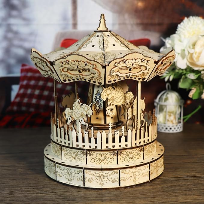 Music Park 3D Wooden Puzzle Carousel Music Box You are My Sunshine Model Kits for Adults Birthday Christmas Unique Gift for Women